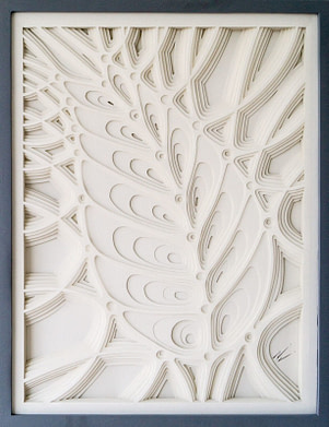 cuadro realizado con papel calado representando un relieve de la forma de un pulgón