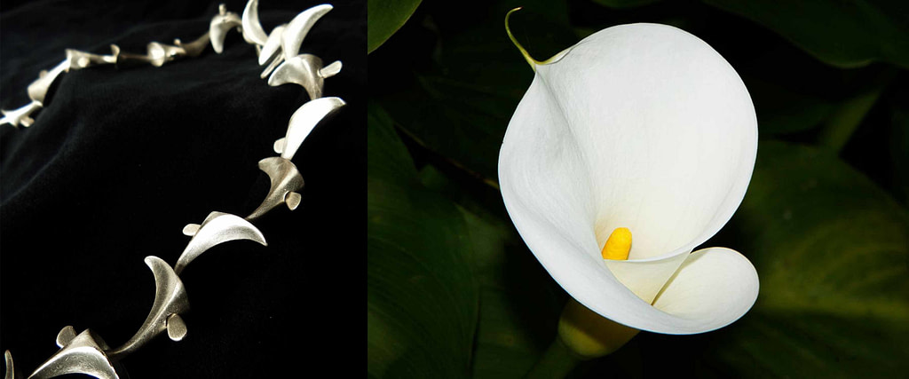 comparativa de proceso creativo entre la pulsera "calas" y una flor de cala blanca